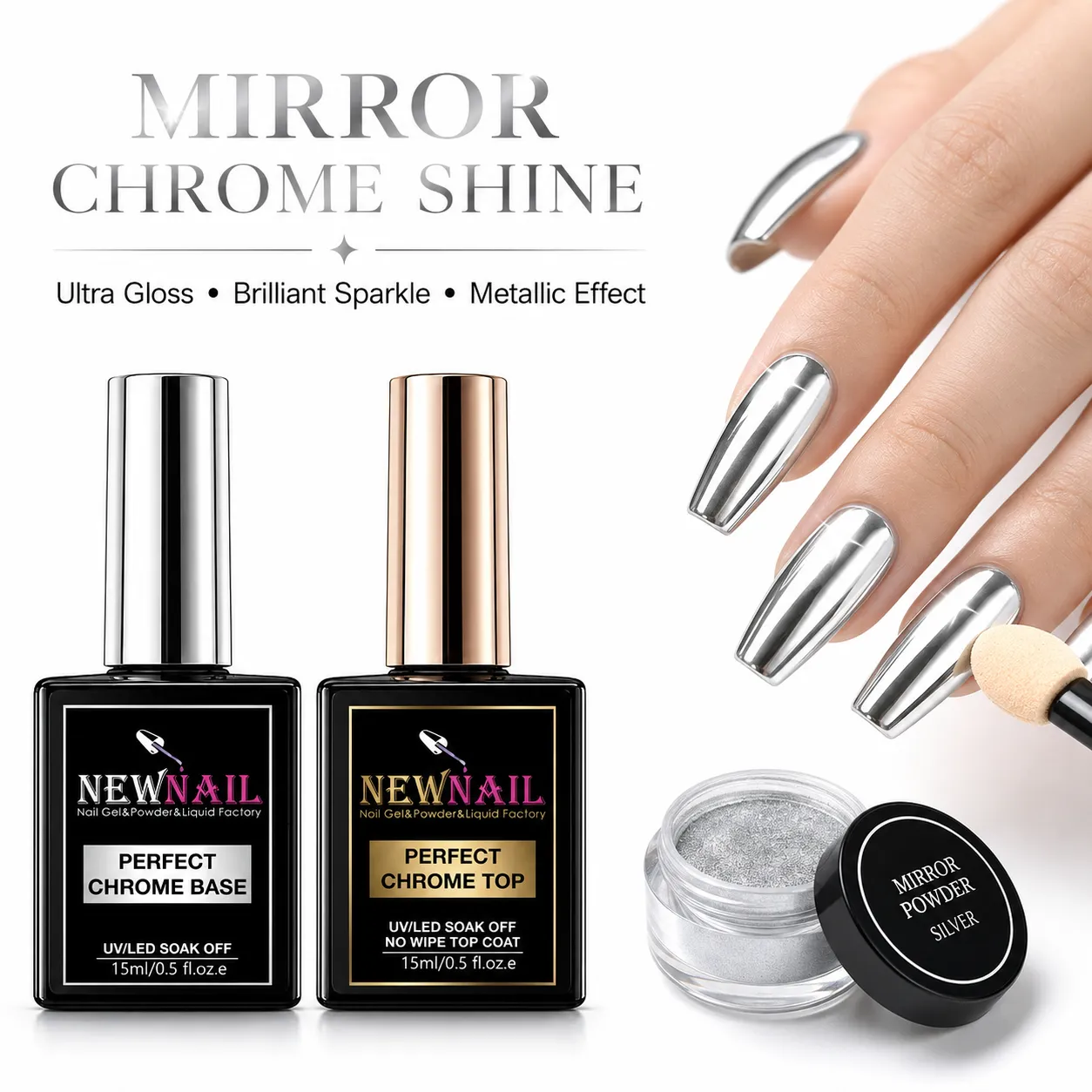 NEW NAIL Professional No-Wipe Chrome Mirror Top Coat - High Gloss Non-Sticky Gel for Mirror Powder & Pigment Application - UV/LED HEMA-Free