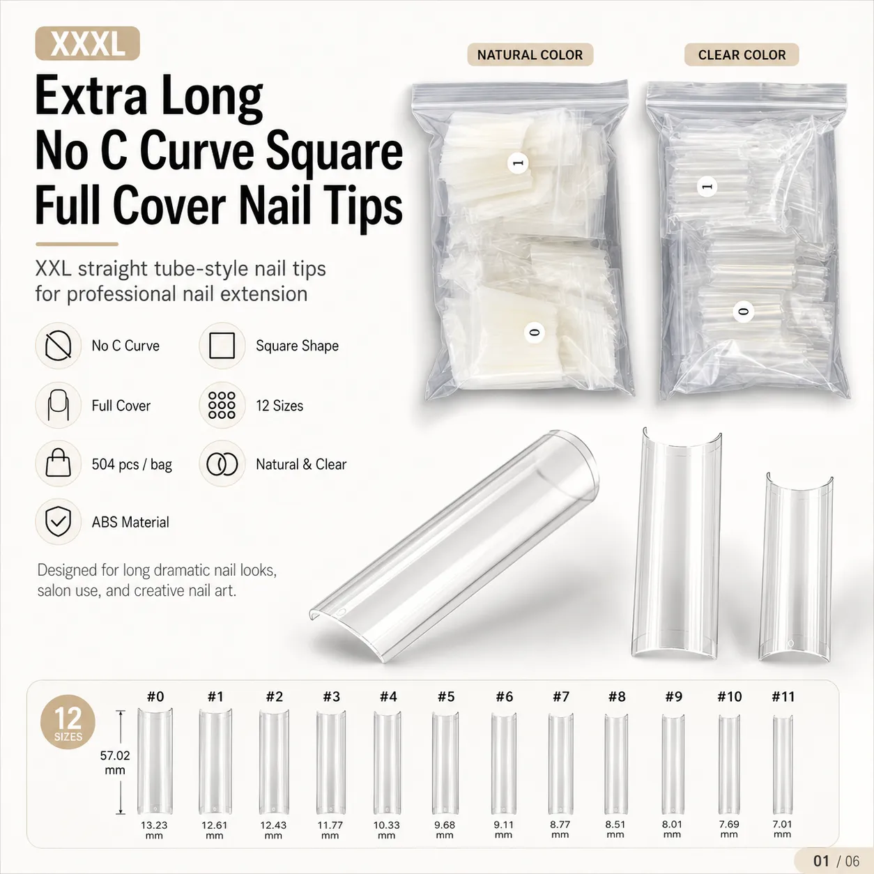 NEW NAIL Professional Extra Long Coffin Nail Tips - 3D Ultra-Thin Traceless ABS Full Cover Fake Nails - No C Curve / XXL Salon Quality